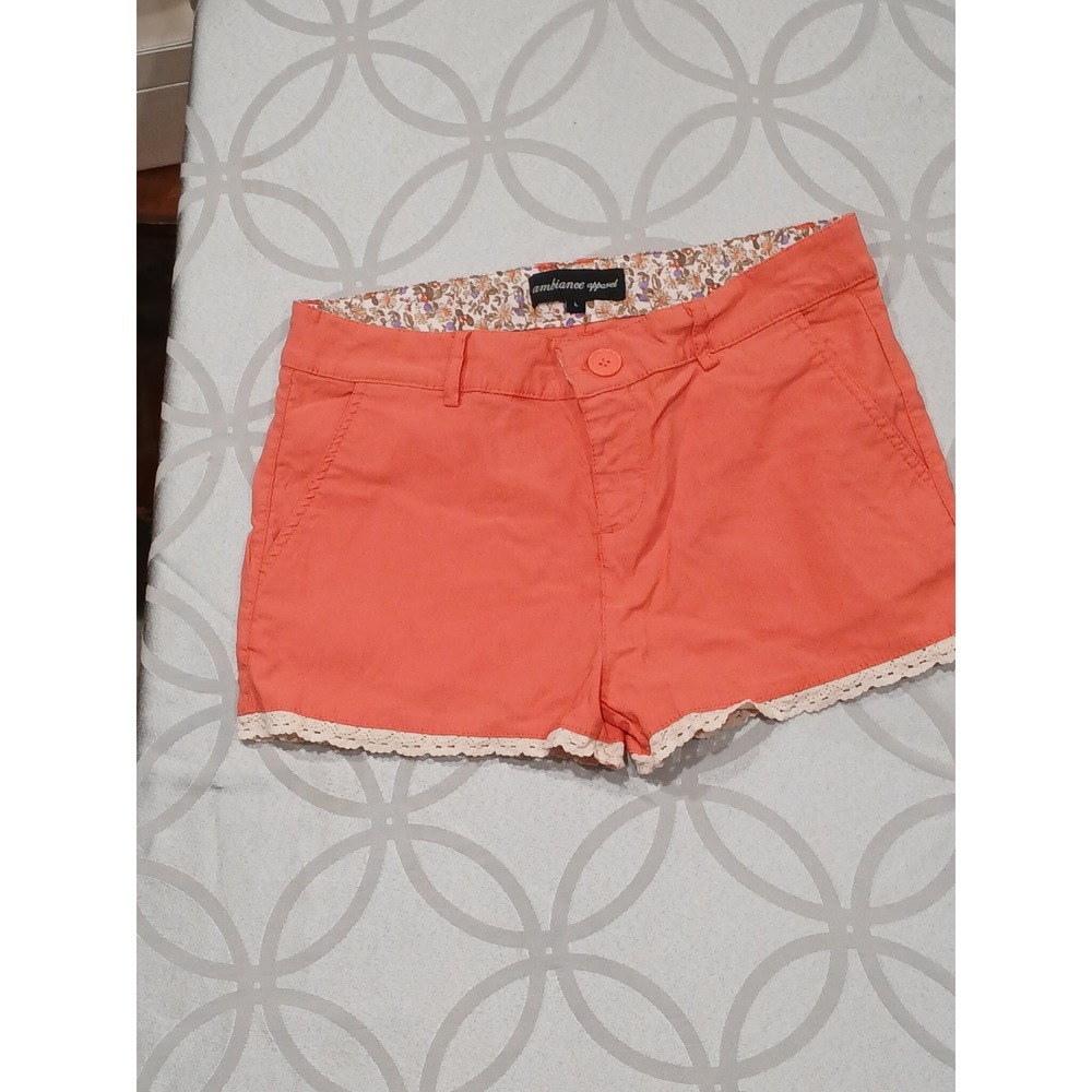Ambiance Apparel Coral Orange Lace Trim Shorts Size L, Preowned